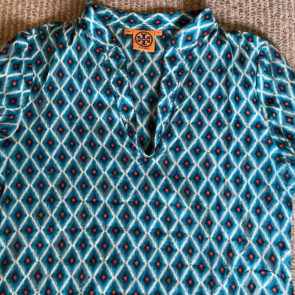 TORY BURCH Blue & Orange Cotton Top Diamond transparent embellishments Blouse